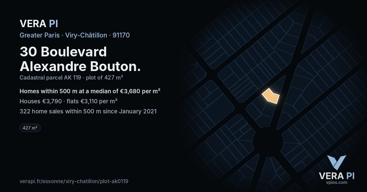 30 Boulevard Alexandre Bouton, Viry-Châtillon at night – the plot lit, the parcels around coloured by the prices near them