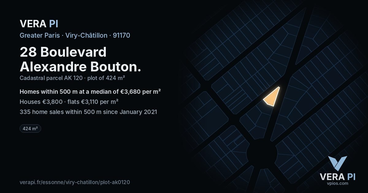28 Boulevard Alexandre Bouton, Viry-Châtillon at night – the plot lit, the parcels around coloured by the prices near them