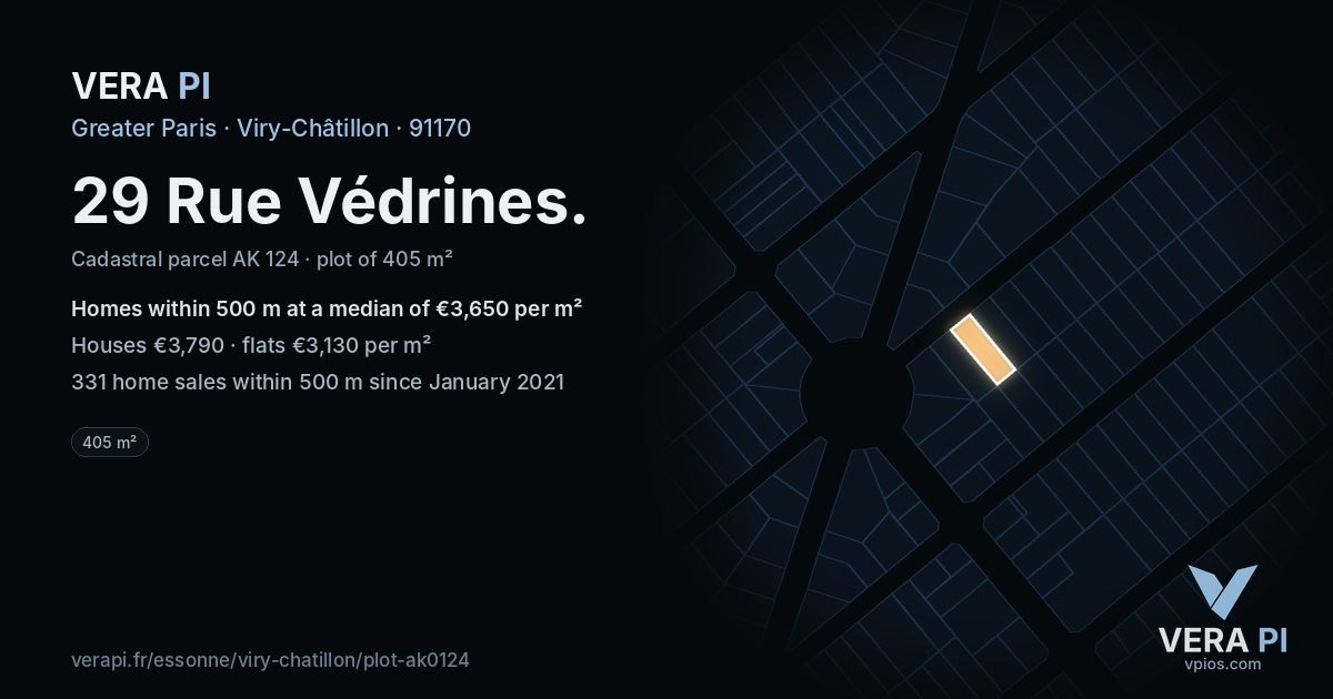 29 Rue Védrines, Viry-Châtillon at night – the plot lit, the parcels around coloured by the prices near them