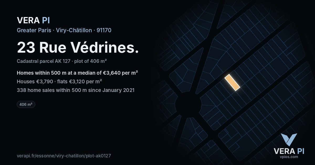 23 Rue Védrines, Viry-Châtillon at night – the plot lit, the parcels around coloured by the prices near them