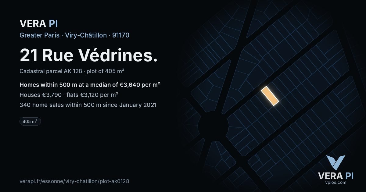 21 Rue Védrines, Viry-Châtillon at night – the plot lit, the parcels around coloured by the prices near them