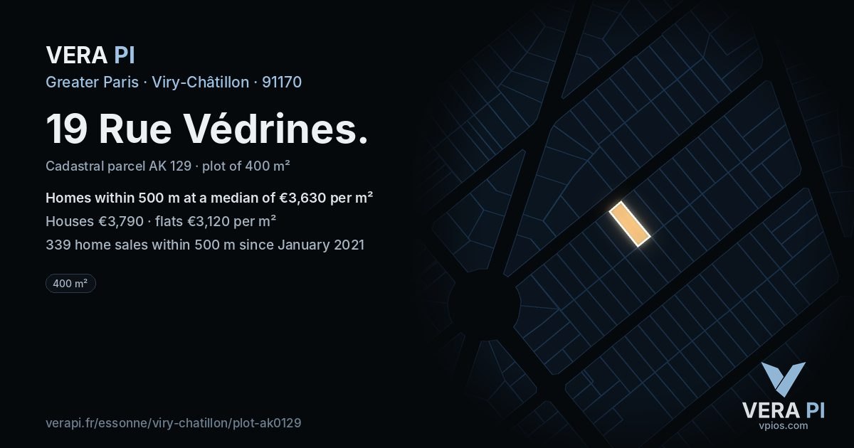 19 Rue Védrines, Viry-Châtillon at night – the plot lit, the parcels around coloured by the prices near them