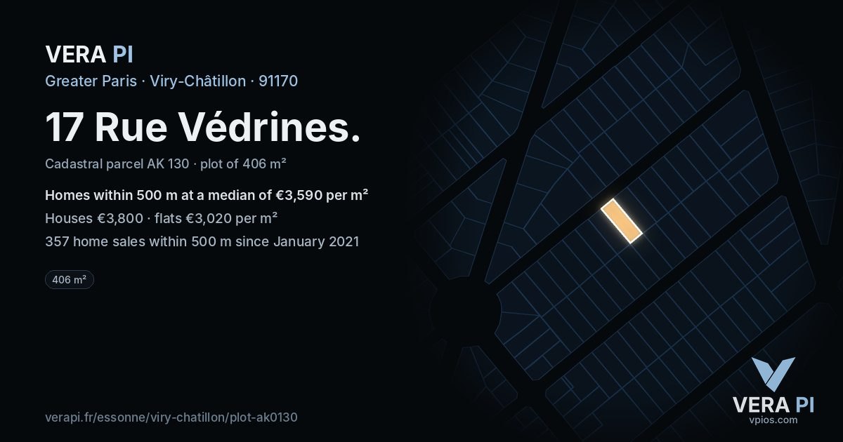17 Rue Védrines, Viry-Châtillon at night – the plot lit, the parcels around coloured by the prices near them