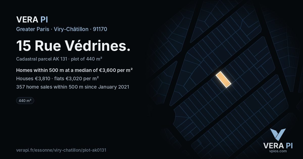 15 Rue Védrines, Viry-Châtillon at night – the plot lit, the parcels around coloured by the prices near them