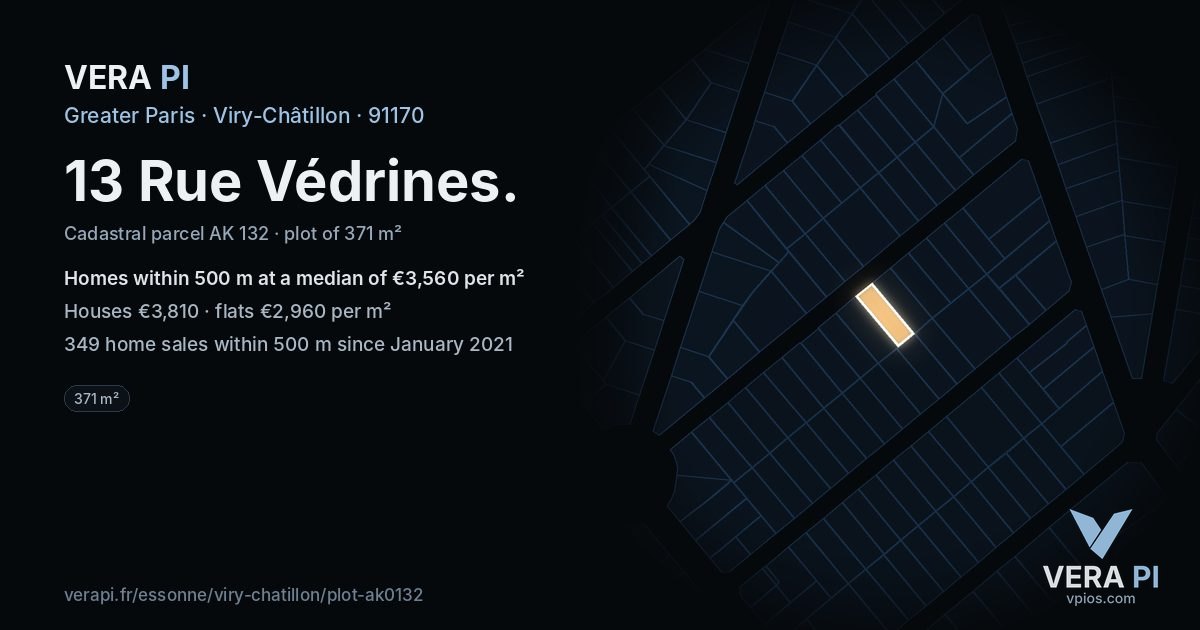 13 Rue Védrines, Viry-Châtillon at night – the plot lit, the parcels around coloured by the prices near them