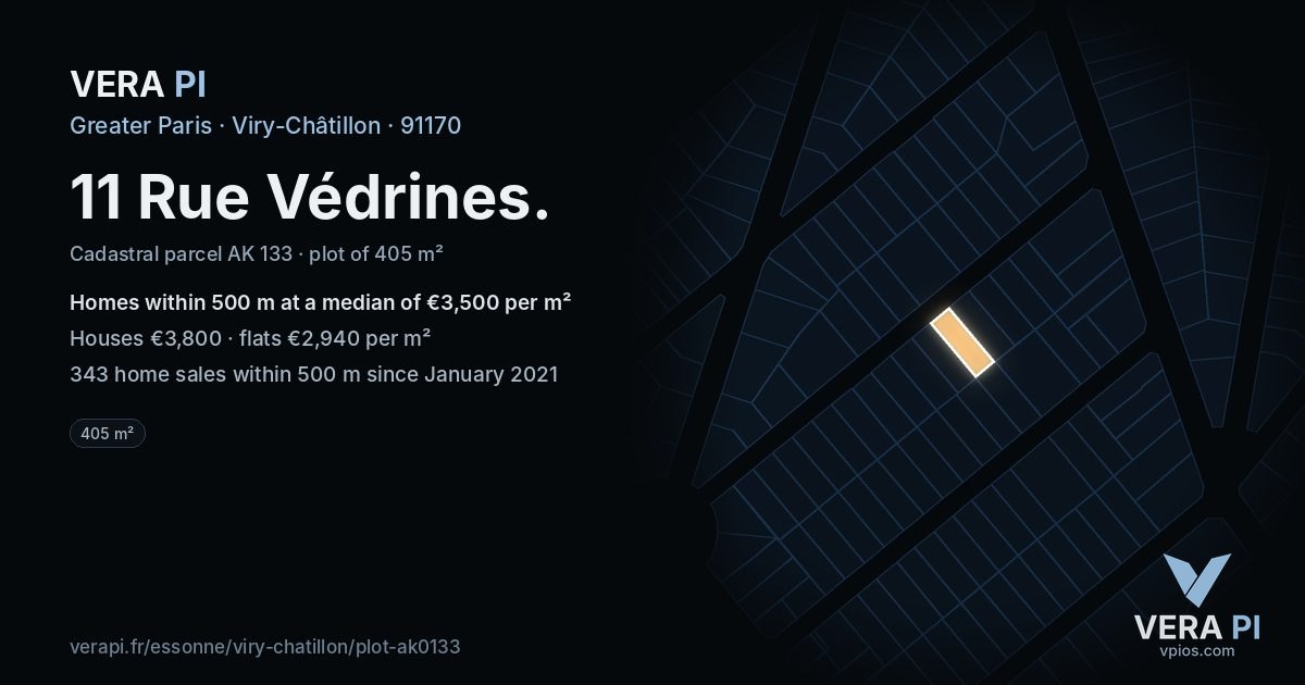 11 Rue Védrines, Viry-Châtillon at night – the plot lit, the parcels around coloured by the prices near them