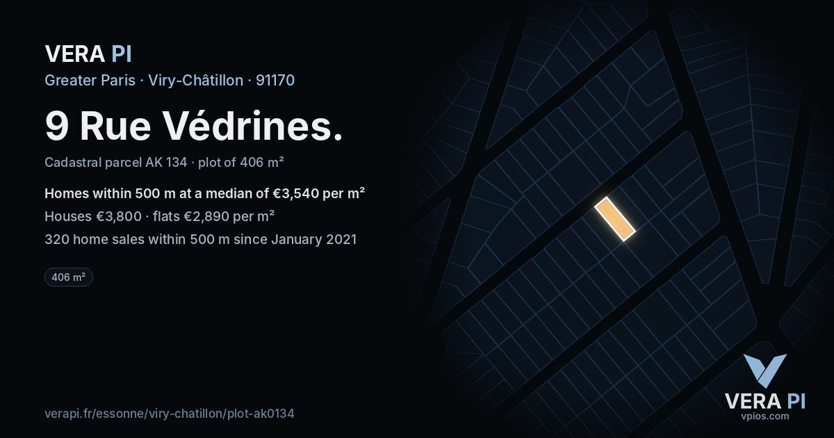 9 Rue Védrines, Viry-Châtillon at night – the plot lit, the parcels around coloured by the prices near them