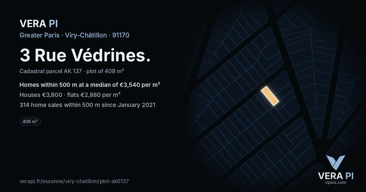 3 Rue Védrines, Viry-Châtillon at night – the plot lit, the parcels around coloured by the prices near them