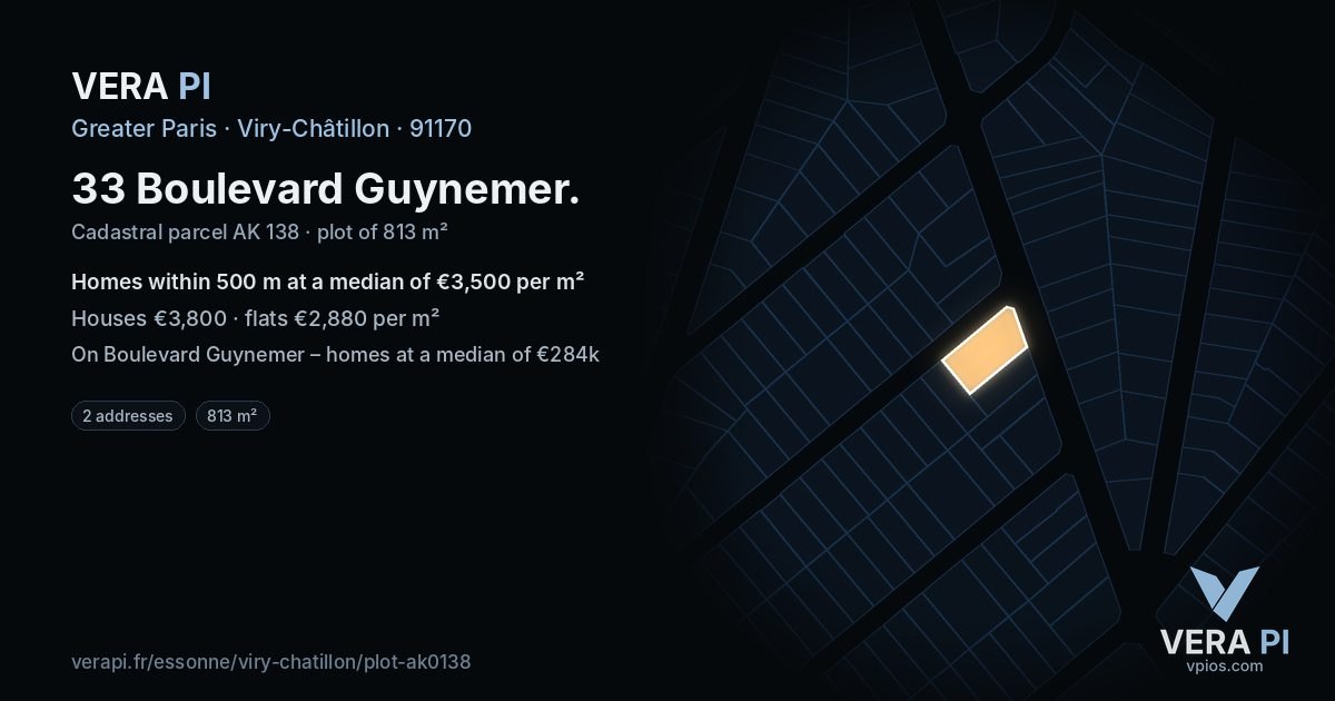 33 Boulevard Guynemer, Viry-Châtillon at night – the plot lit, the parcels around coloured by the prices near them