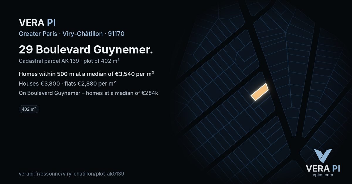 29 Boulevard Guynemer, Viry-Châtillon at night – the plot lit, the parcels around coloured by the prices near them