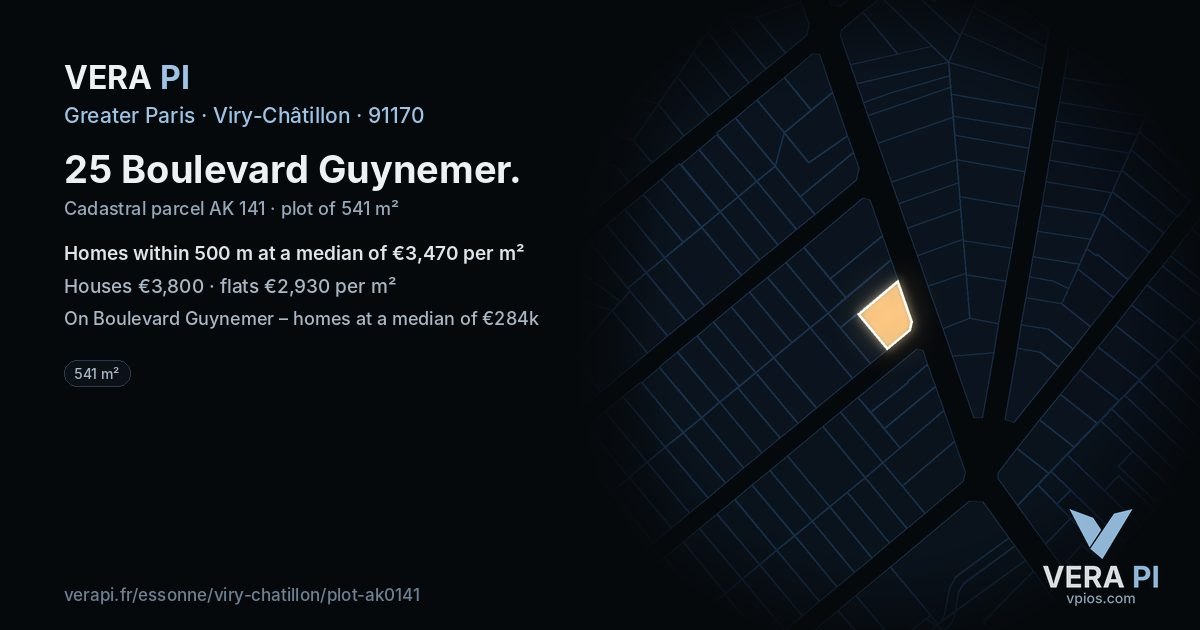 25 Boulevard Guynemer, Viry-Châtillon at night – the plot lit, the parcels around coloured by the prices near them