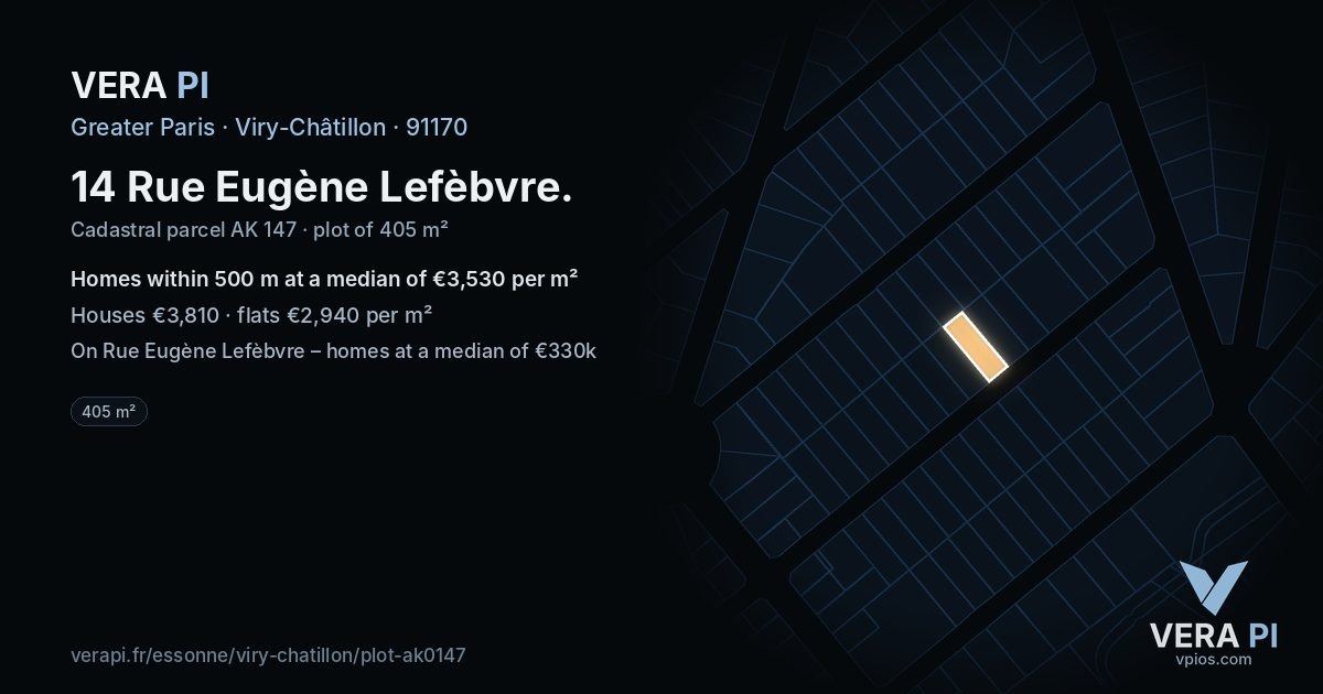 14 Rue Eugène Lefèbvre, Viry-Châtillon at night – the plot lit, the parcels around coloured by the prices near them