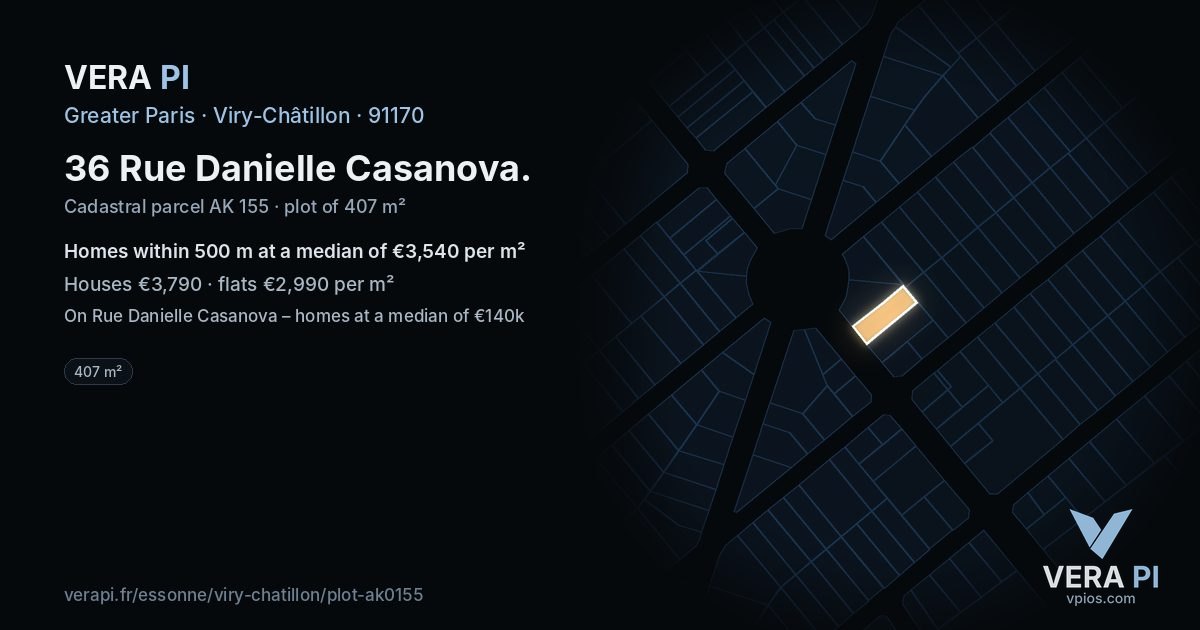 36 Rue Danielle Casanova, Viry-Châtillon at night – the plot lit, the parcels around coloured by the prices near them