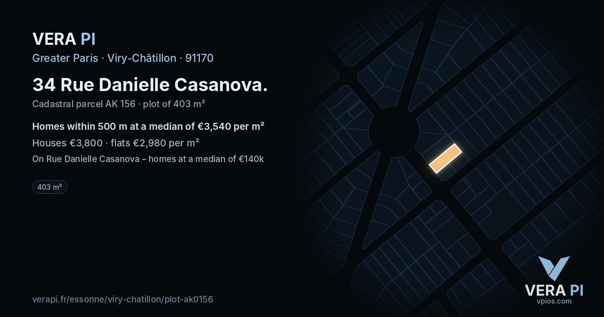 34 Rue Danielle Casanova, Viry-Châtillon at night – the plot lit, the parcels around coloured by the prices near them