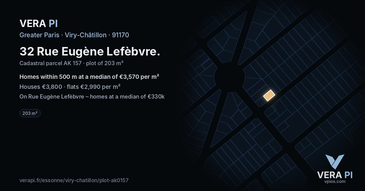 32 Rue Eugène Lefèbvre, Viry-Châtillon at night – the plot lit, the parcels around coloured by the prices near them