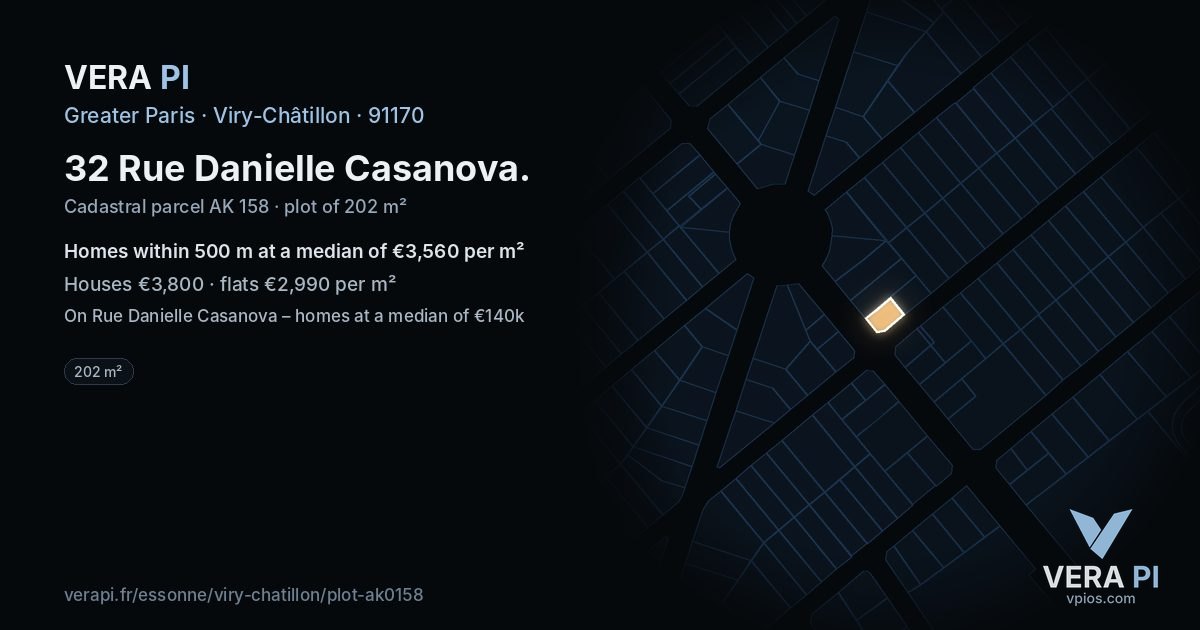 32 Rue Danielle Casanova, Viry-Châtillon at night – the plot lit, the parcels around coloured by the prices near them