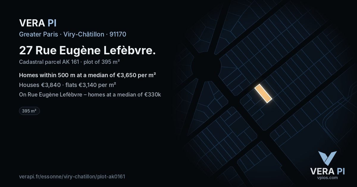 27 Rue Eugène Lefèbvre, Viry-Châtillon at night – the plot lit, the parcels around coloured by the prices near them