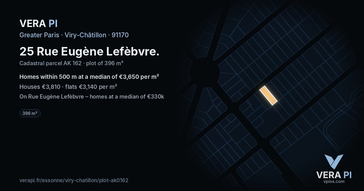 25 Rue Eugène Lefèbvre, Viry-Châtillon at night – the plot lit, the parcels around coloured by the prices near them