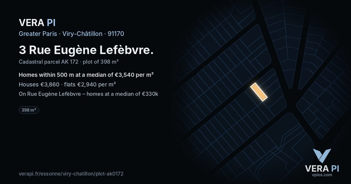 3 Rue Eugène Lefèbvre, Viry-Châtillon at night – the plot lit, the parcels around coloured by the prices near them