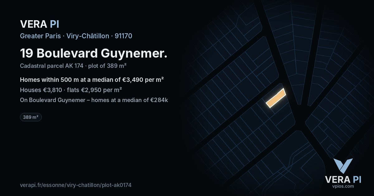 19 Boulevard Guynemer, Viry-Châtillon at night – the plot lit, the parcels around coloured by the prices near them