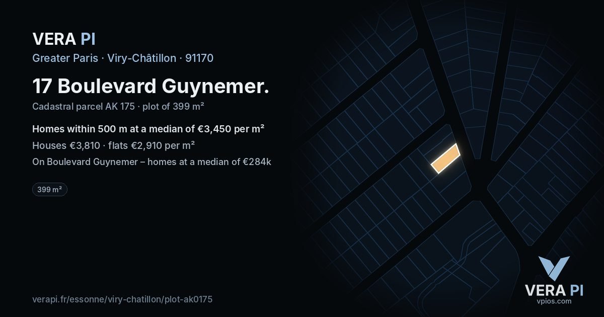 17 Boulevard Guynemer, Viry-Châtillon at night – the plot lit, the parcels around coloured by the prices near them