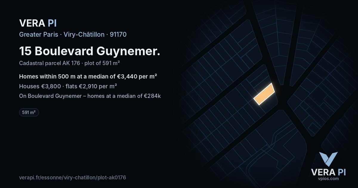 15 Boulevard Guynemer, Viry-Châtillon at night – the plot lit, the parcels around coloured by the prices near them