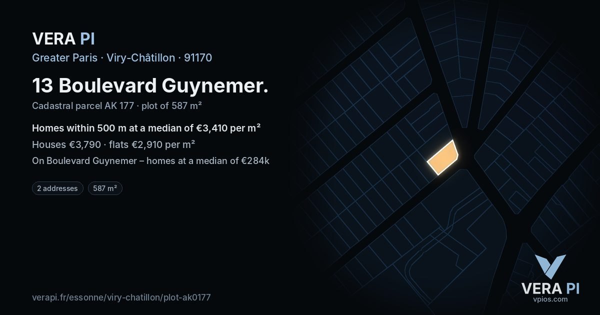 13 Boulevard Guynemer, Viry-Châtillon at night – the plot lit, the parcels around coloured by the prices near them