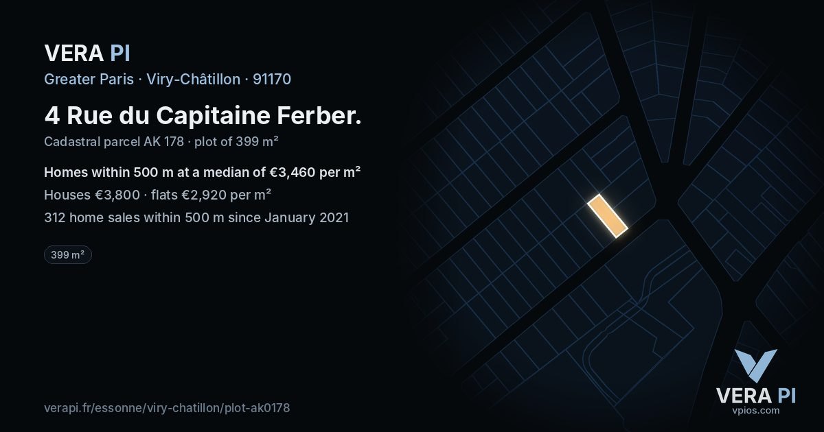 4 Rue du Capitaine Ferber, Viry-Châtillon at night – the plot lit, the parcels around coloured by the prices near them