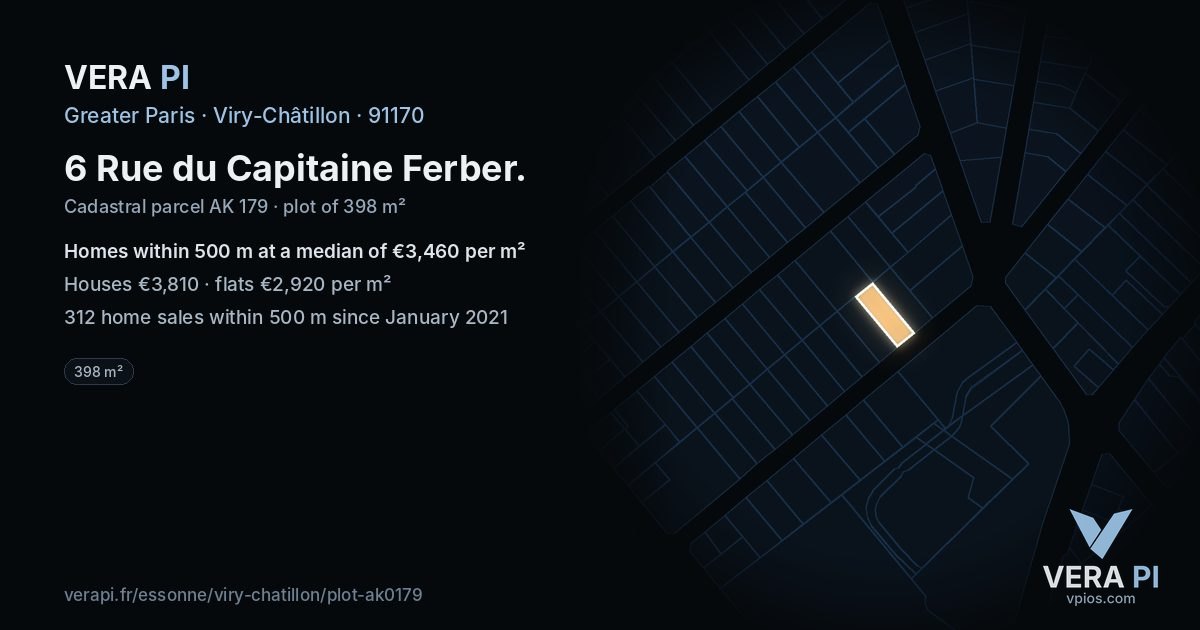 6 Rue du Capitaine Ferber, Viry-Châtillon at night – the plot lit, the parcels around coloured by the prices near them