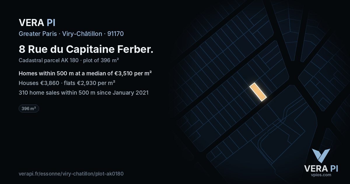 8 Rue du Capitaine Ferber, Viry-Châtillon at night – the plot lit, the parcels around coloured by the prices near them