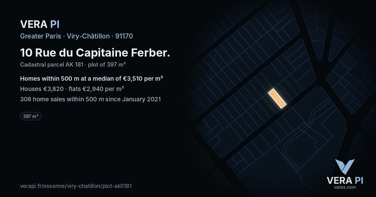 10 Rue du Capitaine Ferber, Viry-Châtillon at night – the plot lit, the parcels around coloured by the prices near them