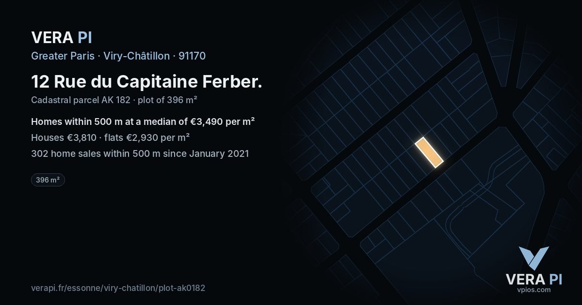 12 Rue du Capitaine Ferber, Viry-Châtillon at night – the plot lit, the parcels around coloured by the prices near them