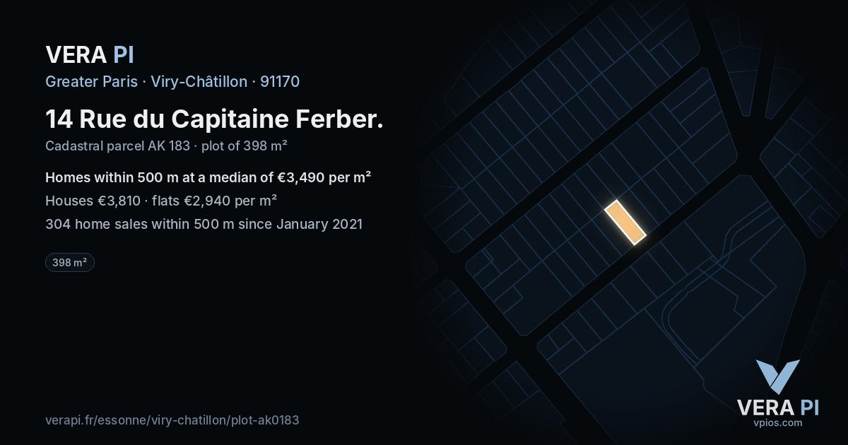 14 Rue du Capitaine Ferber, Viry-Châtillon at night – the plot lit, the parcels around coloured by the prices near them