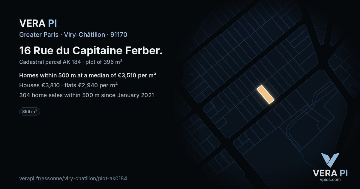 16 Rue du Capitaine Ferber, Viry-Châtillon at night – the plot lit, the parcels around coloured by the prices near them