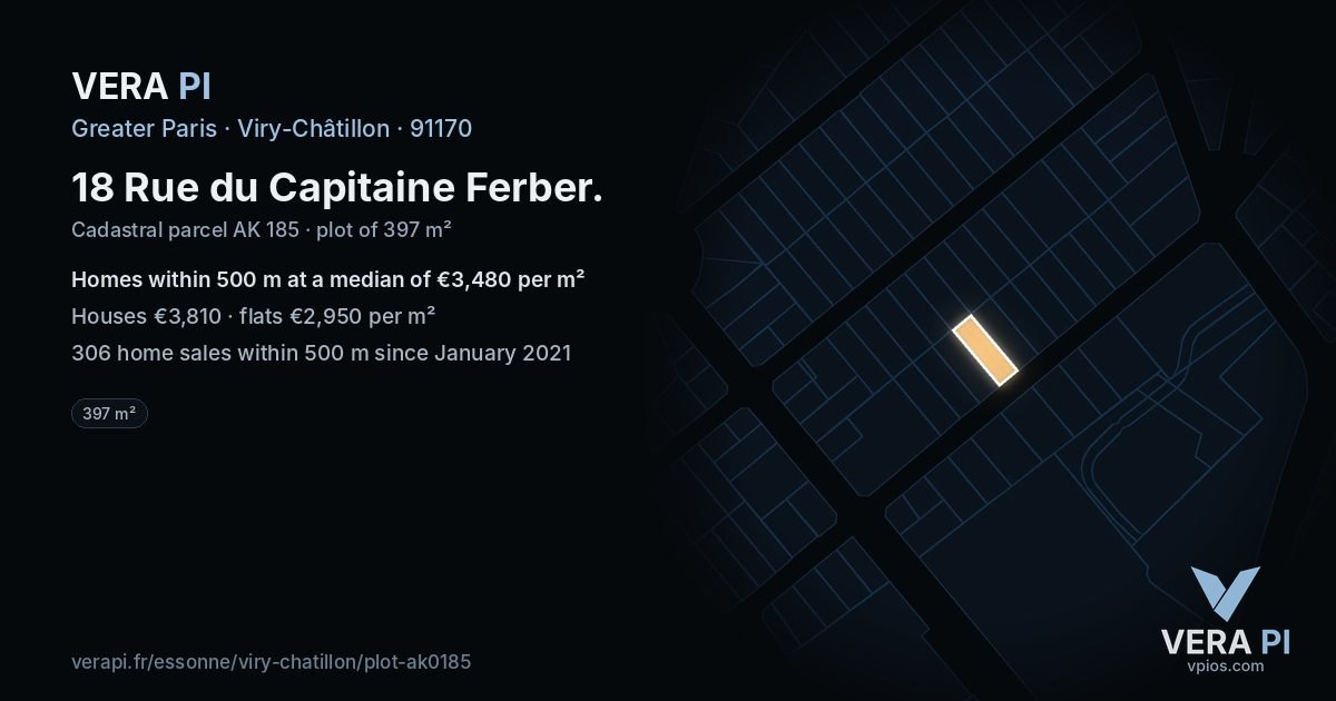 18 Rue du Capitaine Ferber, Viry-Châtillon at night – the plot lit, the parcels around coloured by the prices near them