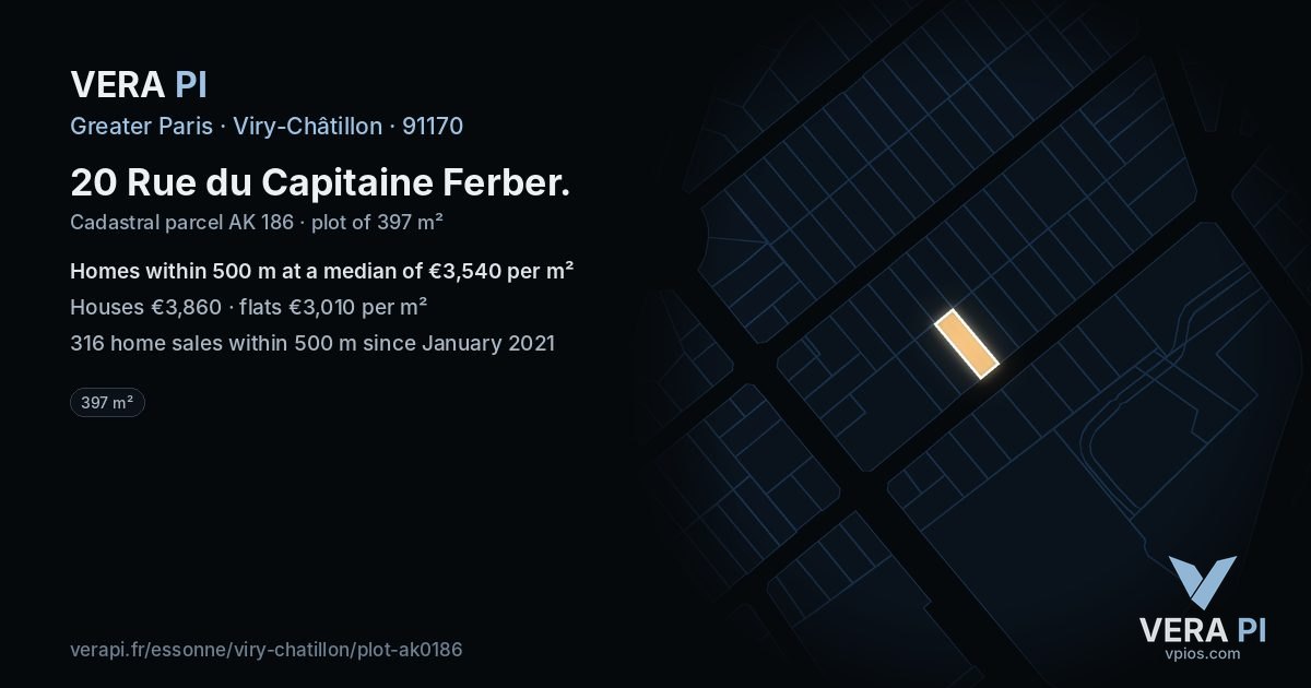 20 Rue du Capitaine Ferber, Viry-Châtillon at night – the plot lit, the parcels around coloured by the prices near them