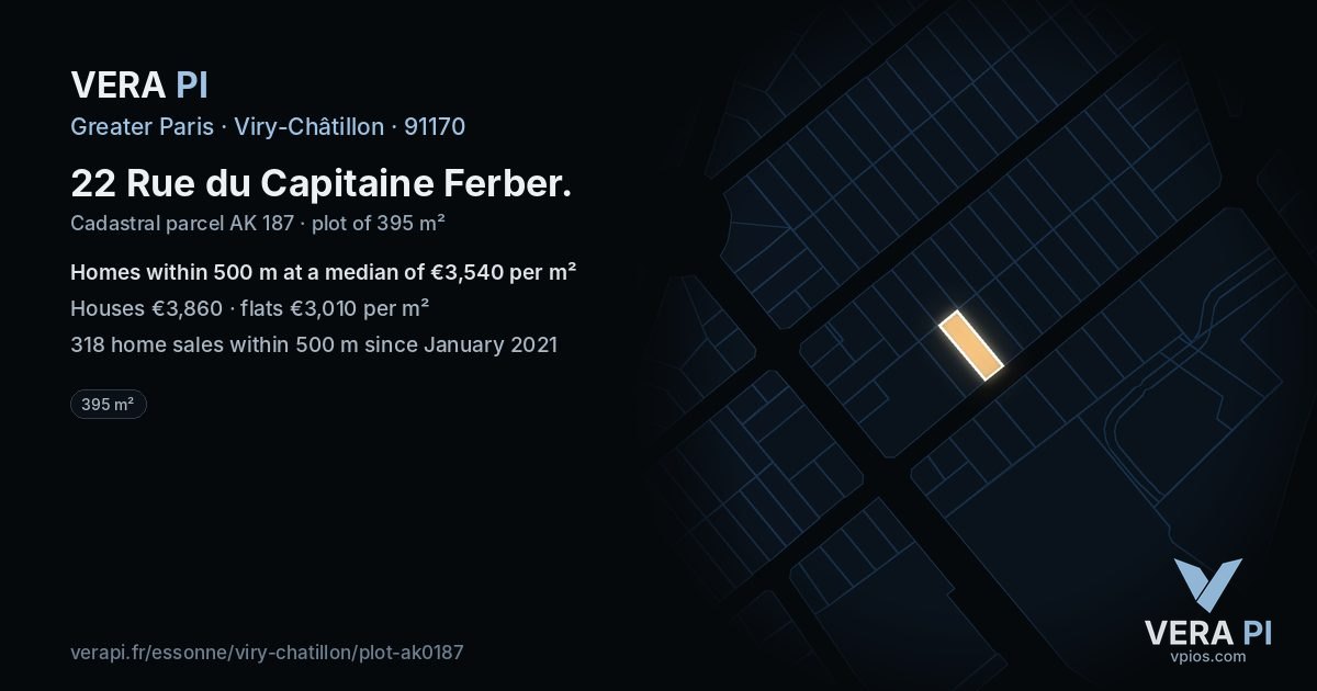 22 Rue du Capitaine Ferber, Viry-Châtillon at night – the plot lit, the parcels around coloured by the prices near them