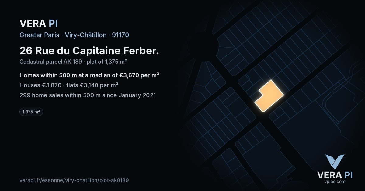 26 Rue du Capitaine Ferber, Viry-Châtillon at night – the plot lit, the parcels around coloured by the prices near them