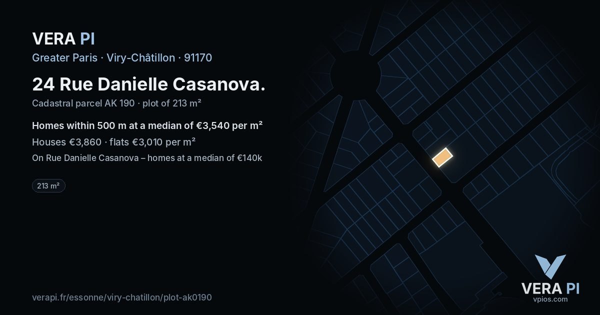 24 Rue Danielle Casanova, Viry-Châtillon at night – the plot lit, the parcels around coloured by the prices near them