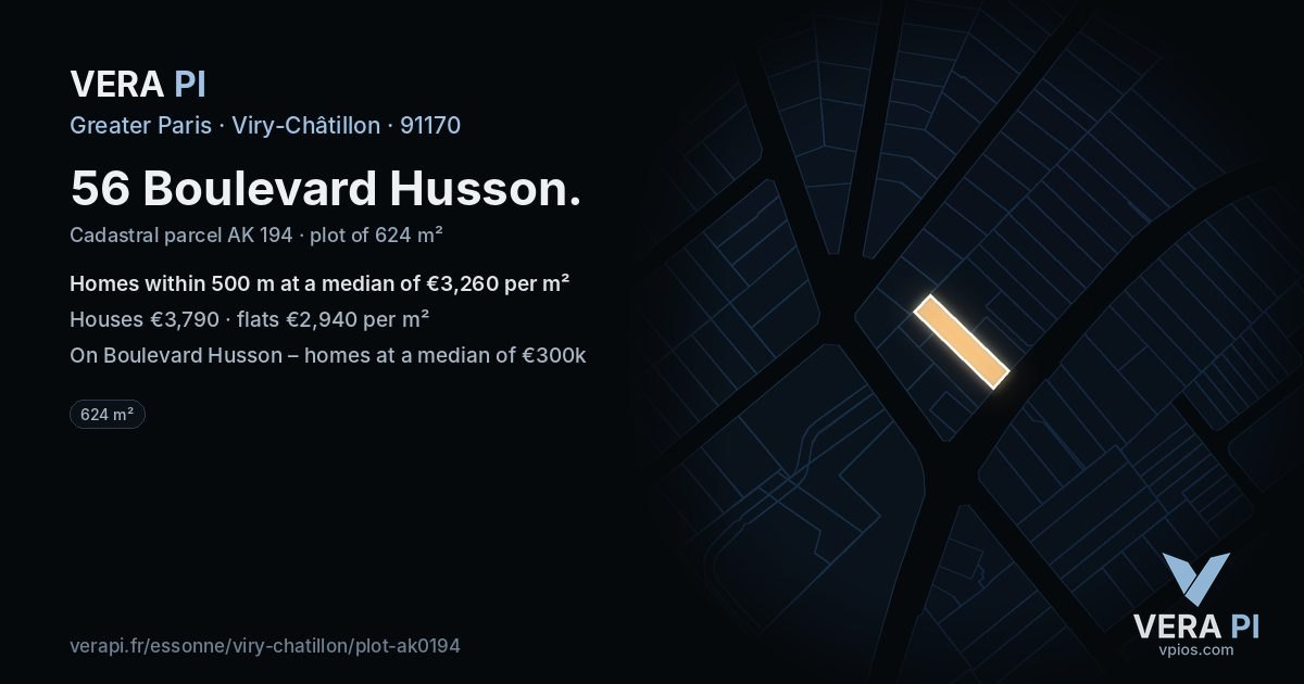 56 Boulevard Husson, Viry-Châtillon at night – the plot lit, the parcels around coloured by the prices near them