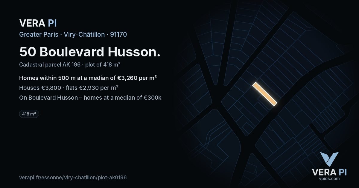 50 Boulevard Husson, Viry-Châtillon at night – the plot lit, the parcels around coloured by the prices near them