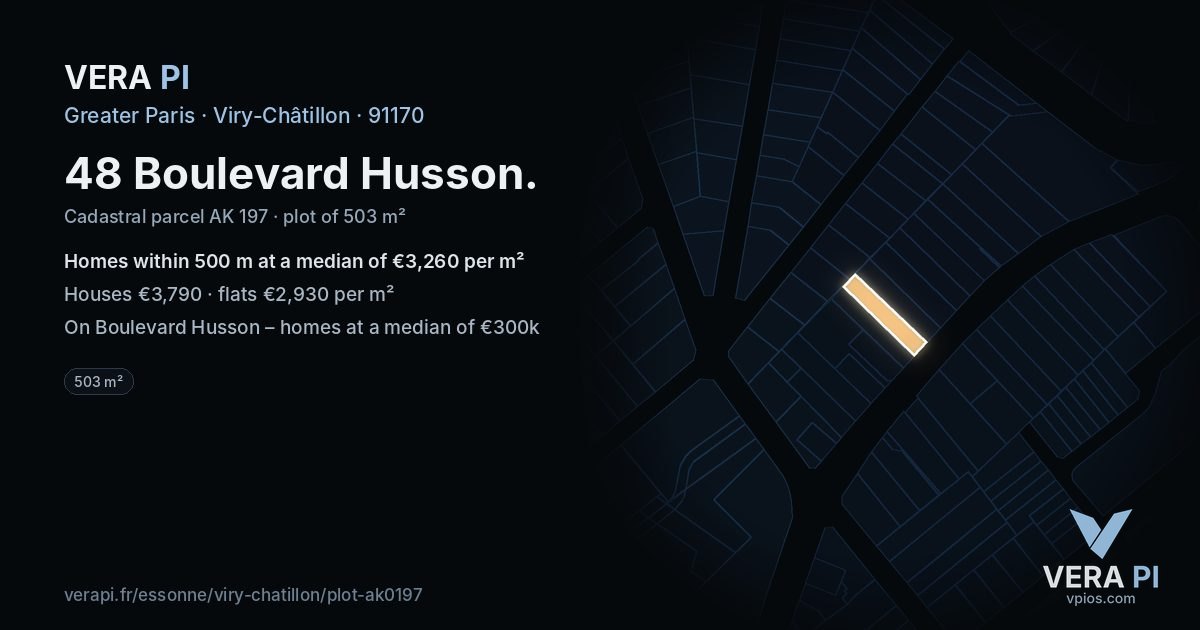 48 Boulevard Husson, Viry-Châtillon at night – the plot lit, the parcels around coloured by the prices near them