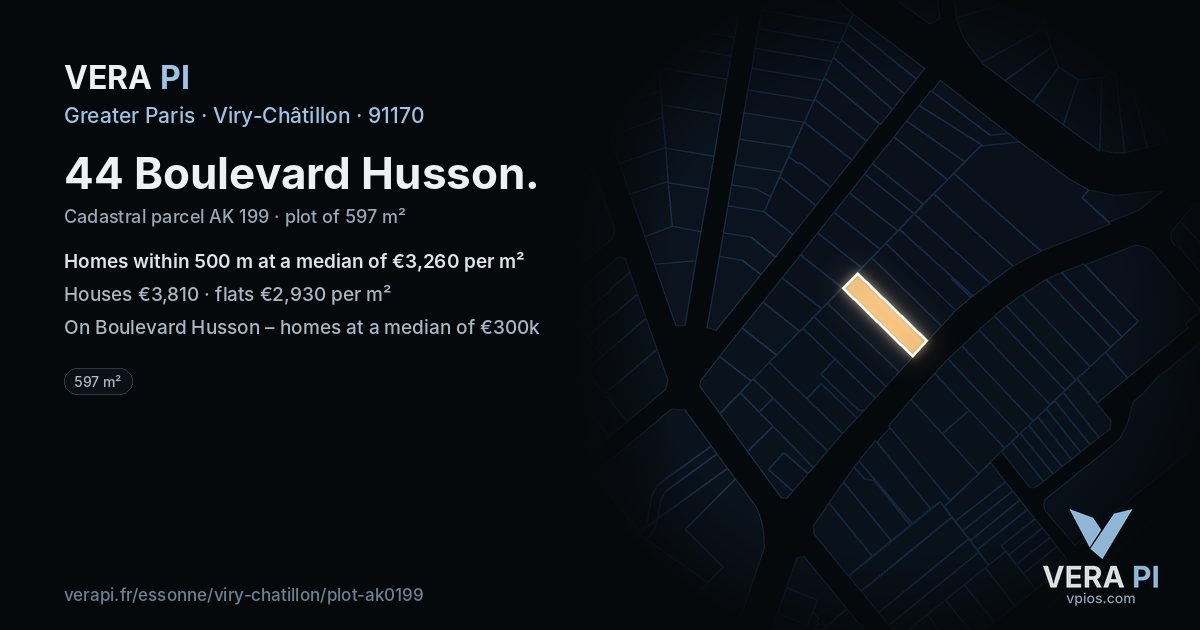 44 Boulevard Husson, Viry-Châtillon at night – the plot lit, the parcels around coloured by the prices near them