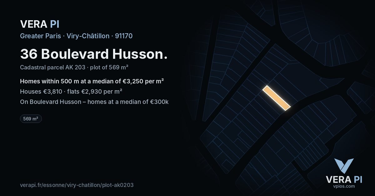 36 Boulevard Husson, Viry-Châtillon at night – the plot lit, the parcels around coloured by the prices near them