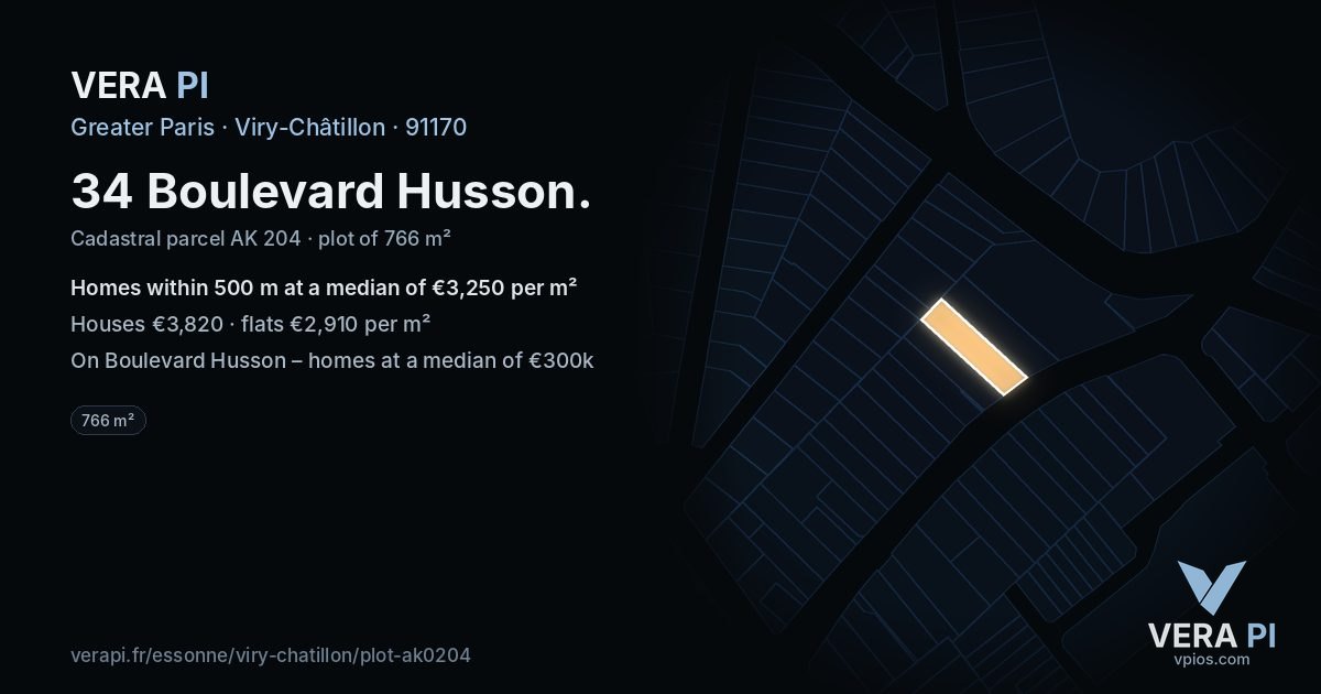 34 Boulevard Husson, Viry-Châtillon at night – the plot lit, the parcels around coloured by the prices near them