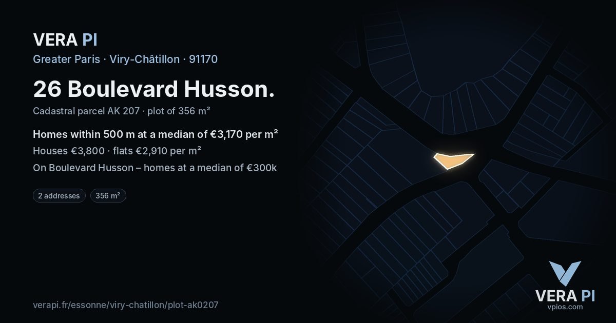 26 Boulevard Husson, Viry-Châtillon at night – the plot lit, the parcels around coloured by the prices near them