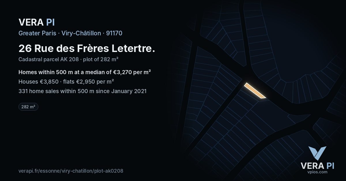 26 Rue des Frères Letertre, Viry-Châtillon at night – the plot lit, the parcels around coloured by the prices near them