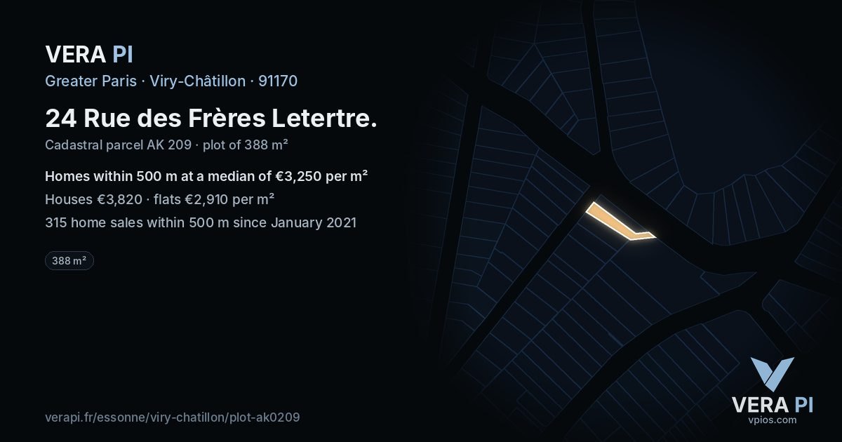 24 Rue des Frères Letertre, Viry-Châtillon at night – the plot lit, the parcels around coloured by the prices near them