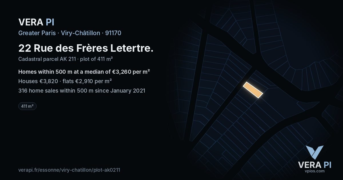 22 Rue des Frères Letertre, Viry-Châtillon at night – the plot lit, the parcels around coloured by the prices near them