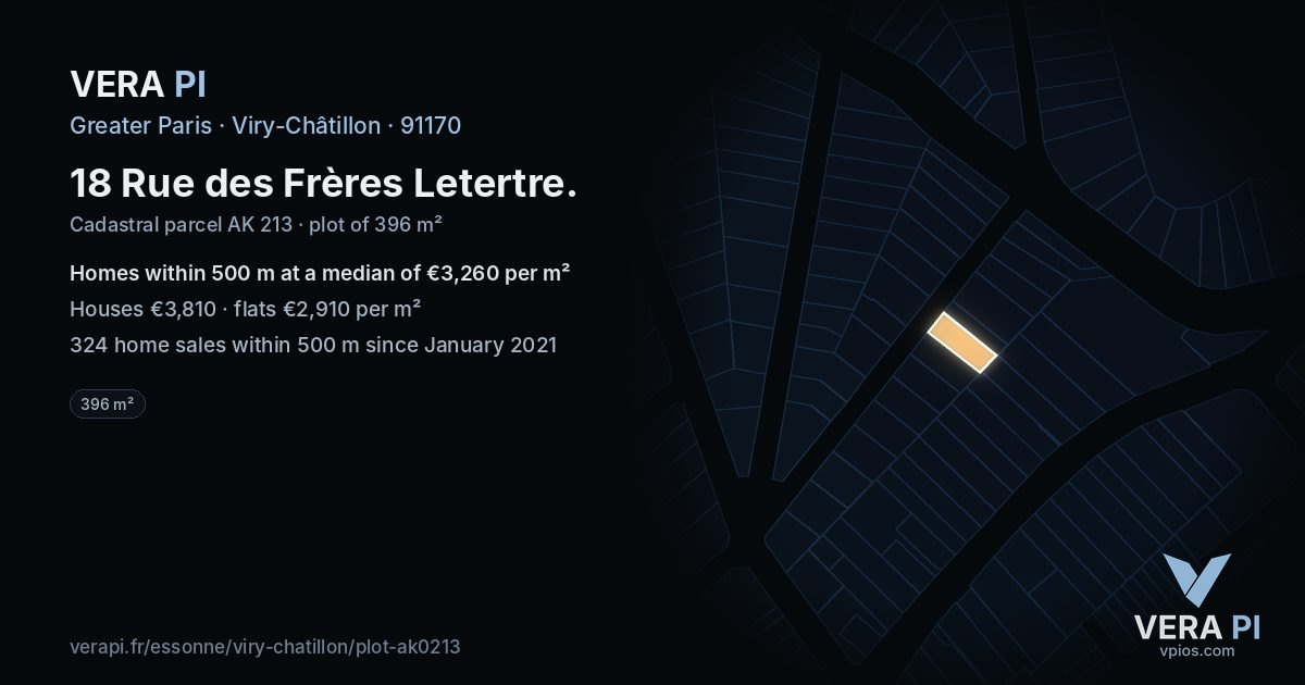 18 Rue des Frères Letertre, Viry-Châtillon at night – the plot lit, the parcels around coloured by the prices near them